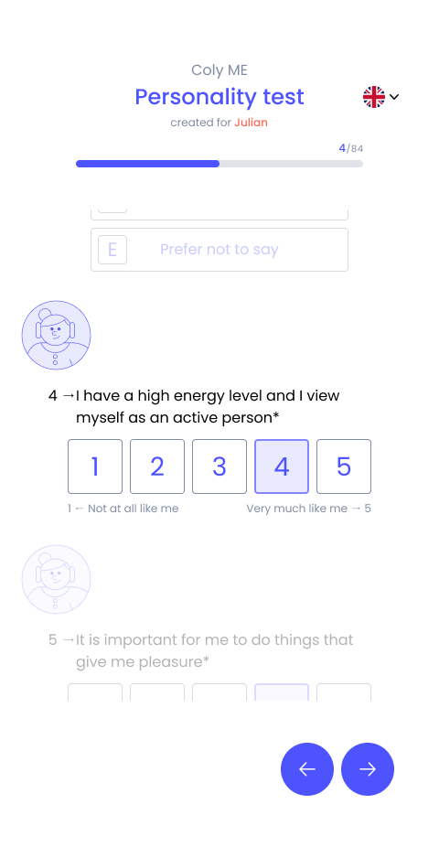 Personality test interface showing question 4 out of 84 with a statement about high energy and activity, with answer scale from 1 to 5 and choice 4 selected.