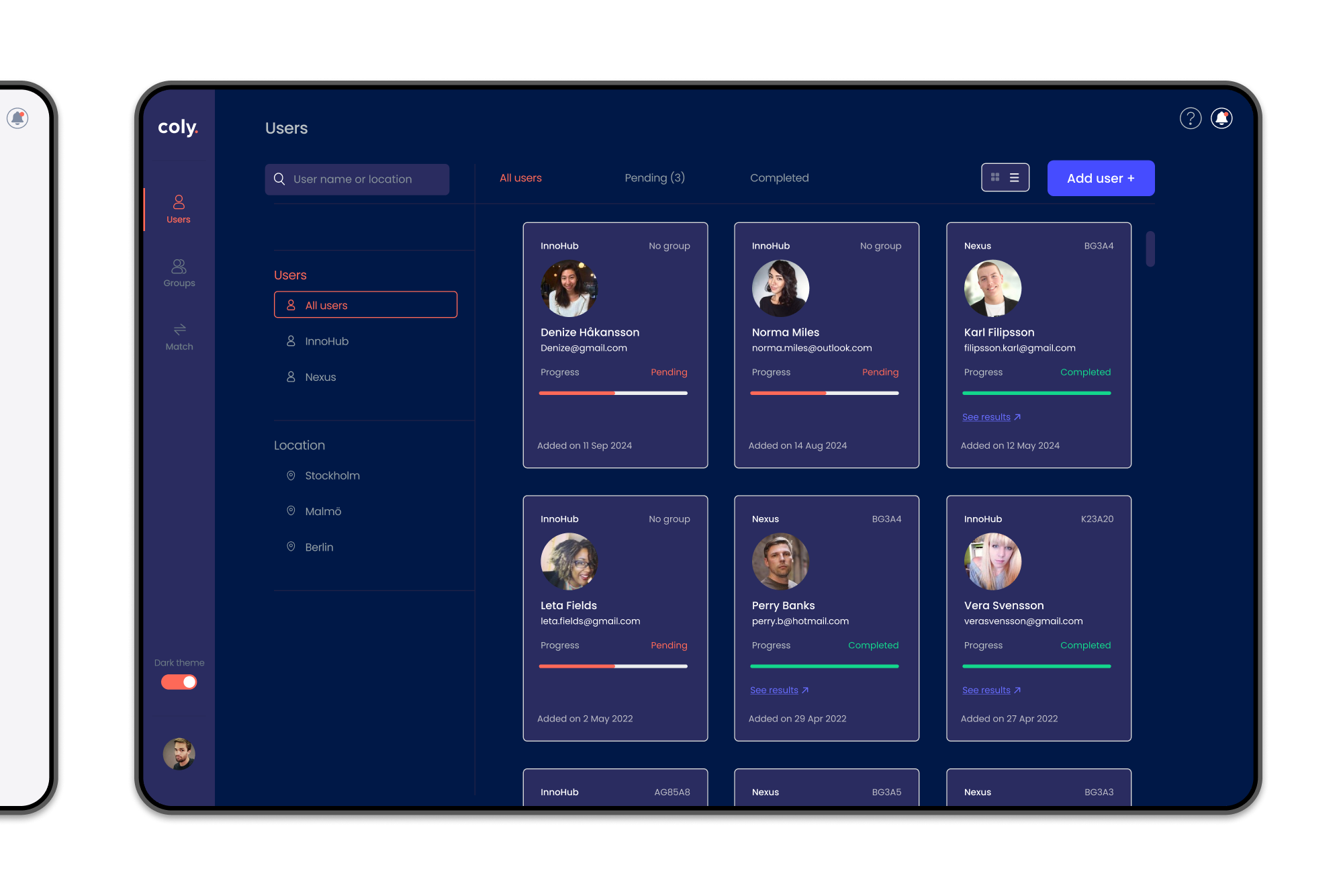 User management dashboard displaying users with profile pictures, names, emails, progress status as Pending or Completed, and date added, with navigation menu on the left and an Add user button.