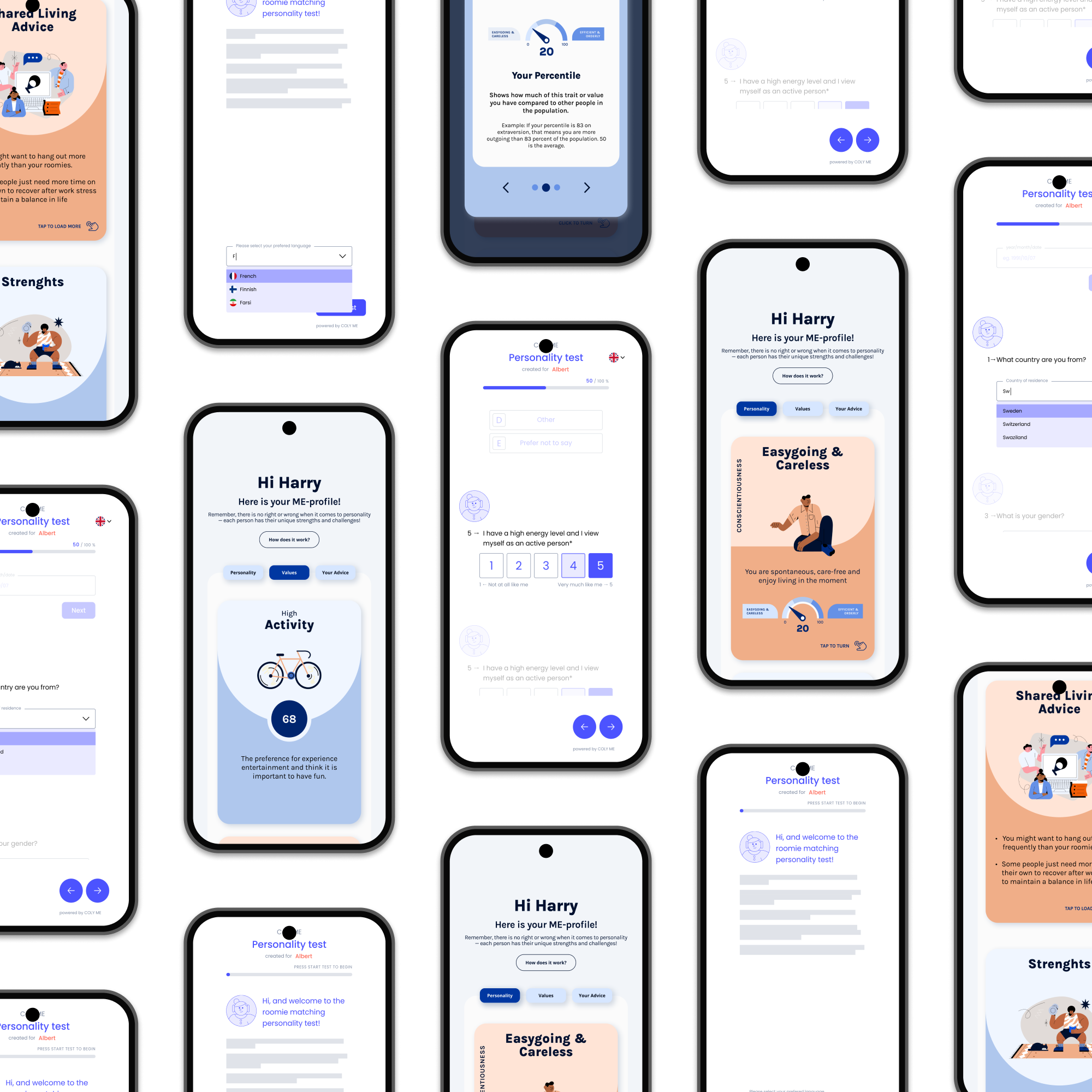 Multiple smartphone screens showing a personality test app with results, including profiles labeled 'Hi Harry,' activity levels, personality traits like 'Easygoing & Careless,' and shared living advice.