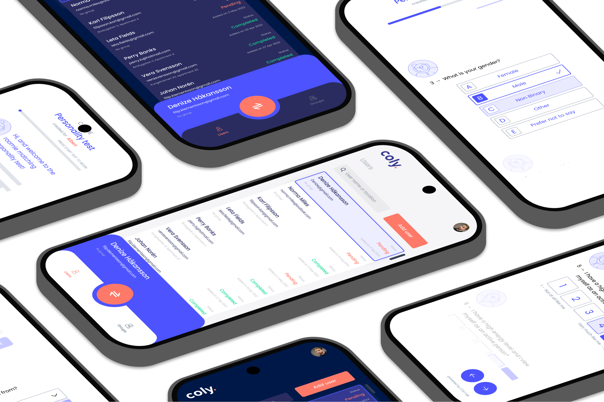 Multiple angled smartphone screens showing a personality test app named Coly with user lists, gender selection, and question rating interfaces.
