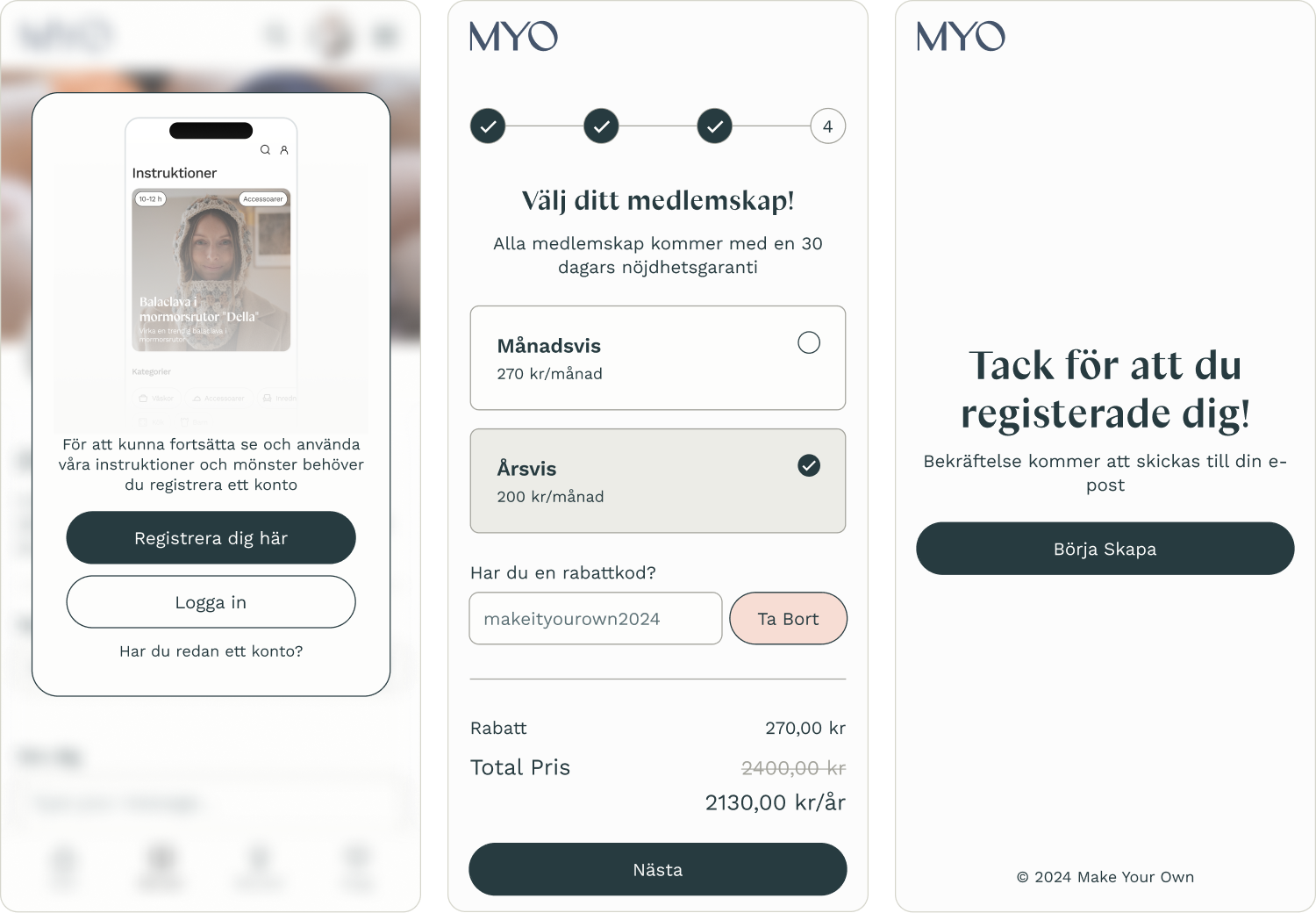 Three mobile screens showing a Swedish app flow: account registration prompt, membership plan selection with monthly and yearly options and discount code entry, and a thank you confirmation screen.