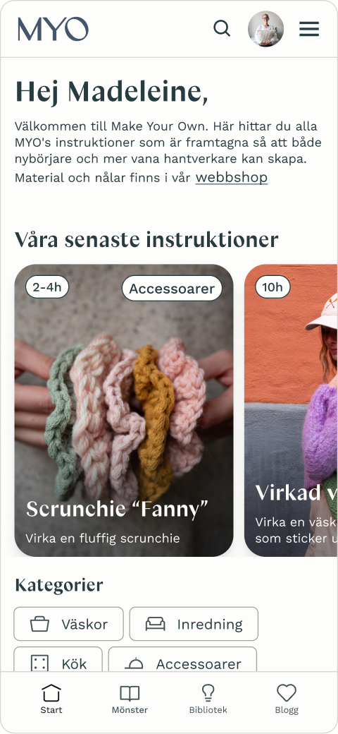 Mobile interface of MYO app showing a welcome message, latest crochet instructions featuring a multi-colored scrunchie named 'Fanny', and category buttons for bags, home decor, kitchen, and accessories.
