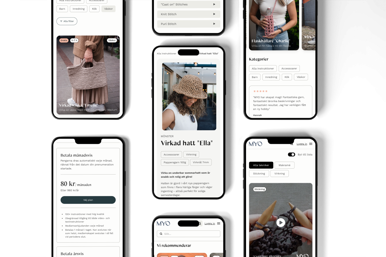 Collage of mobile screens showing a knitting and crochet app with patterns, payment plans, categories, and instructional videos.