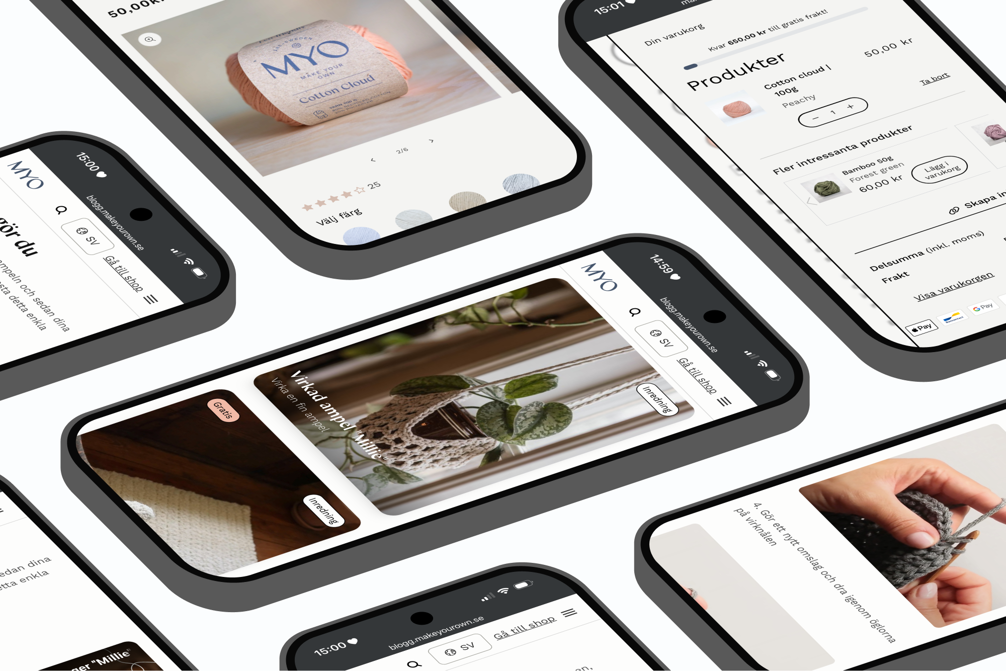 Multiple smartphone screens showing a yarn craft website with product details, a shopping cart, and crochet tutorials.