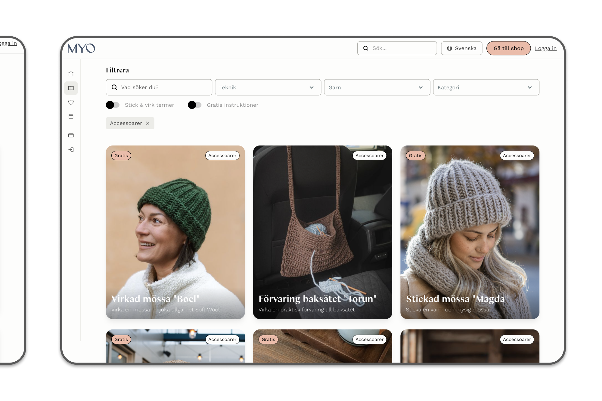 Online shop page showing free knitting and crochet patterns for accessories including a green crocheted hat, brown car backseat storage bag, and gray knitted hat with scarf.