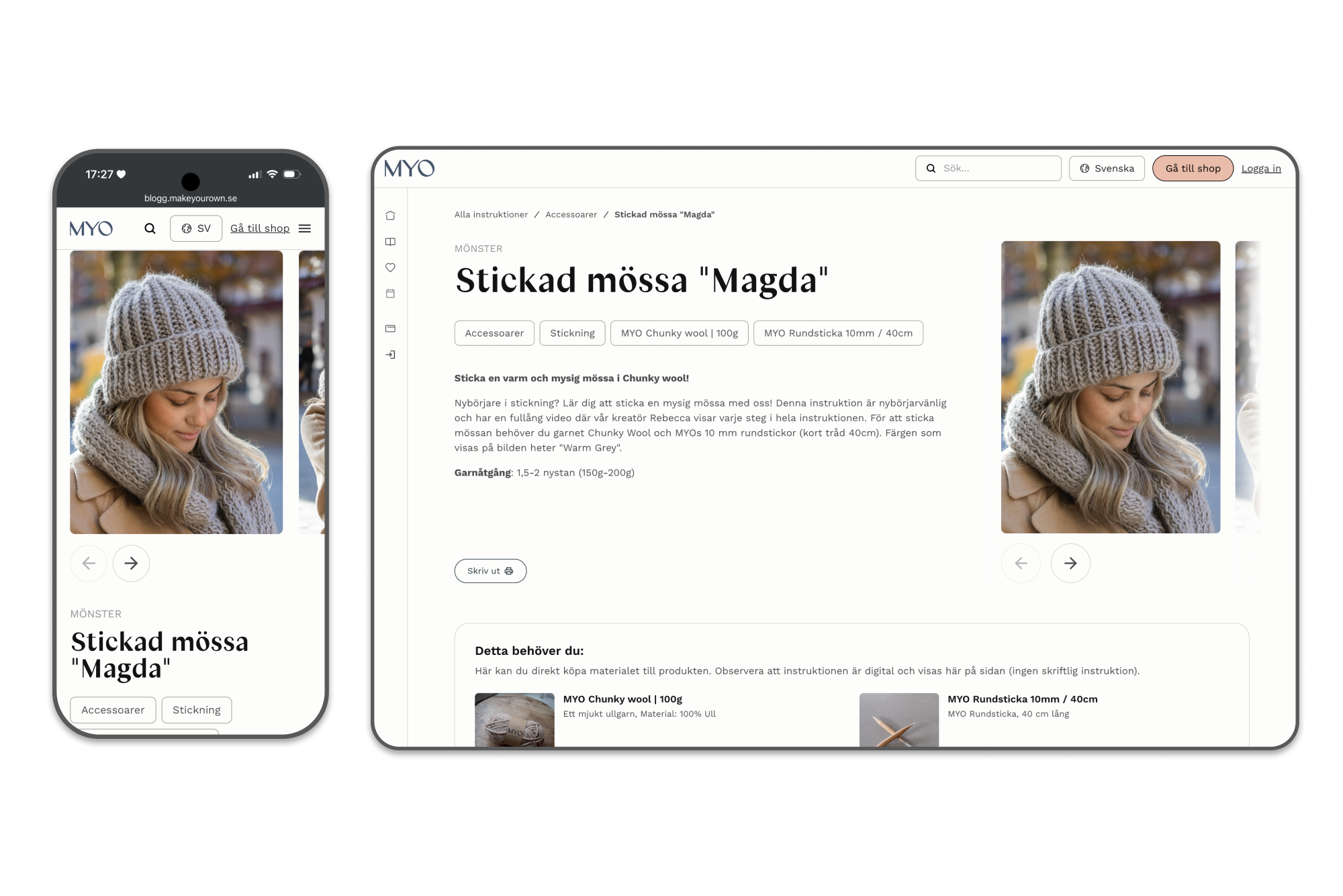 Online knitting tutorial page for 'Magda' chunky wool hat featuring a woman wearing a gray knitted hat and scarf.