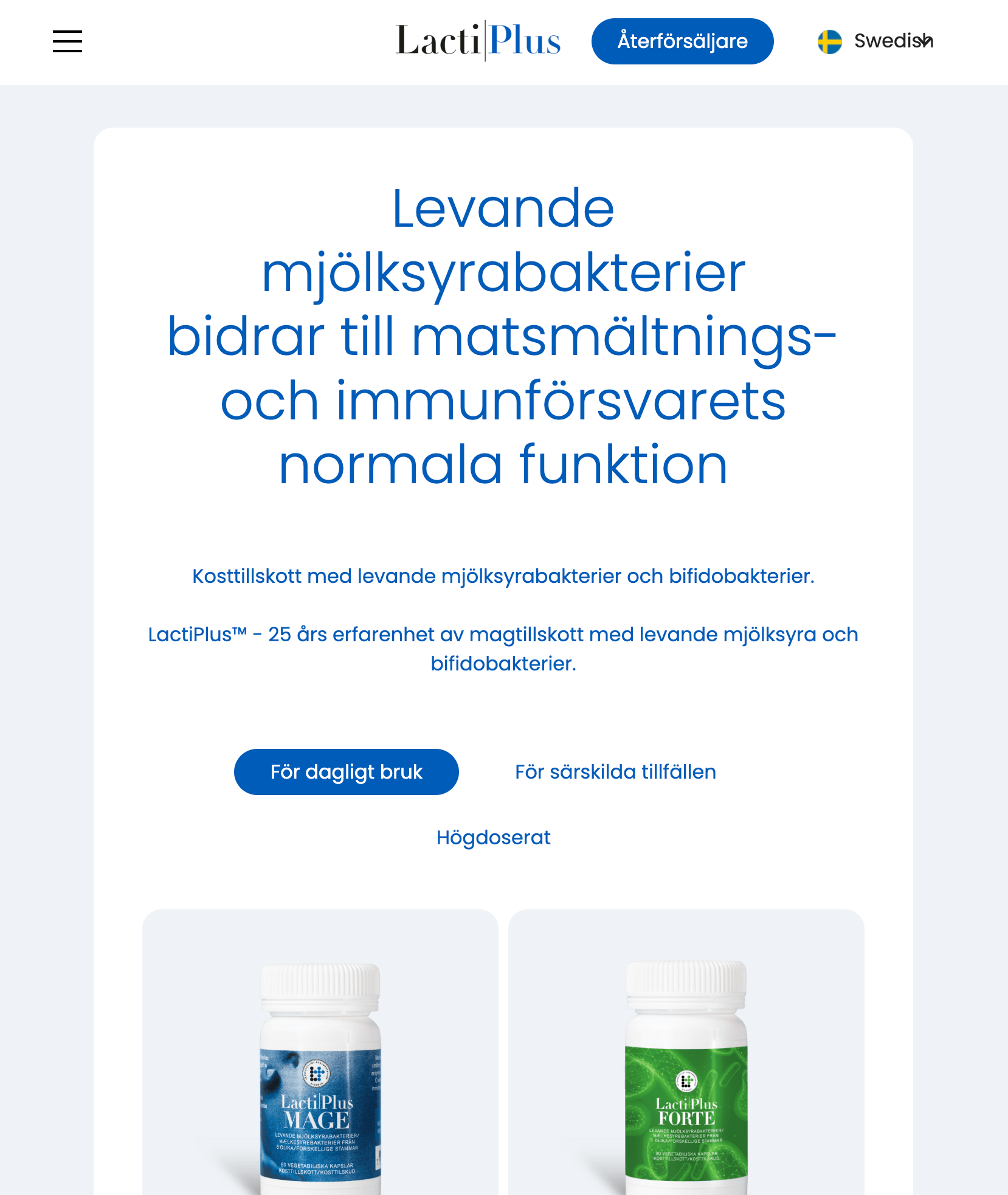 LactiPlus website section showing Swedish text about living lactic acid bacteria supporting digestion and immune function, with images of two supplement bottles labeled MAGE and FORTE.