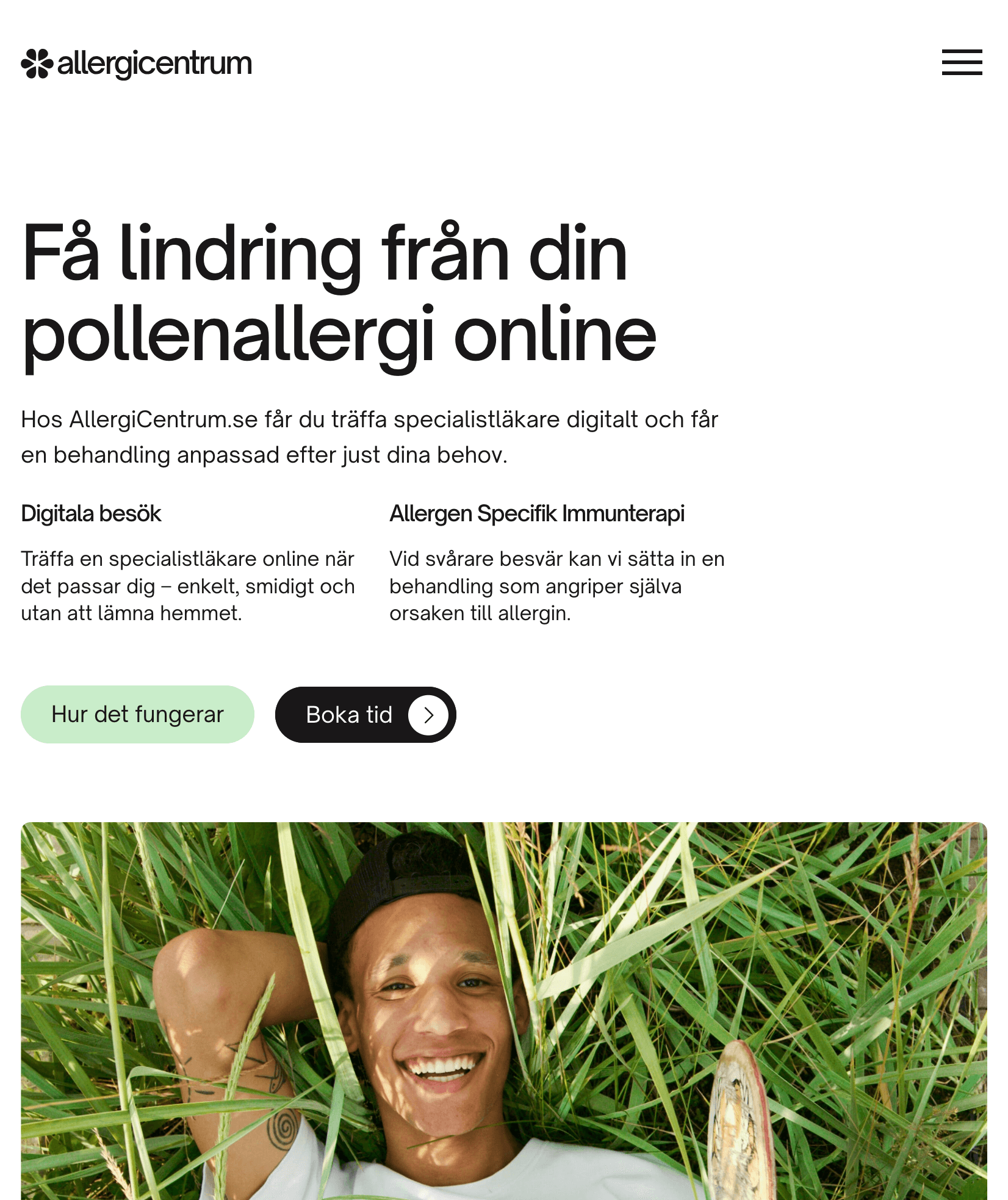 Website header for AllergiCentrum promoting online pollen allergy relief with options for digital visits and allergen-specific immunotherapy, featuring a smiling young man lying in grass.