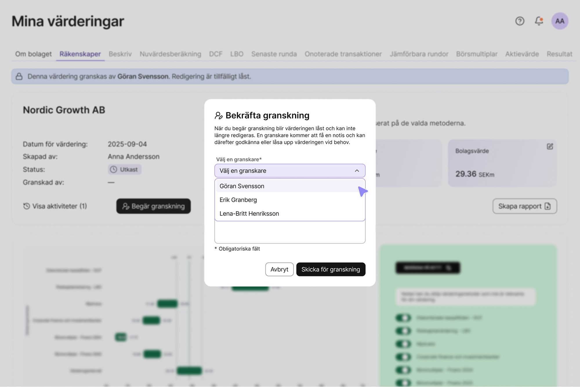 Popup window titled 'Bekräfta granskning' showing a dropdown menu to select a reviewer with options Göran Svensson, Erik Granberg, and Lena-Britt Henriksson, and buttons to cancel or submit the review request.