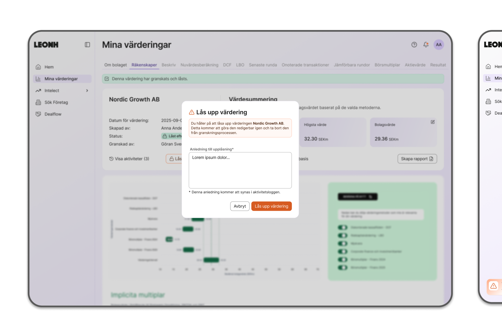 Dashboard screen displaying a locked valuation summary for Leonh AB with a popup warning explaining unlocking the valuation will make it editable and remove it from the review process.