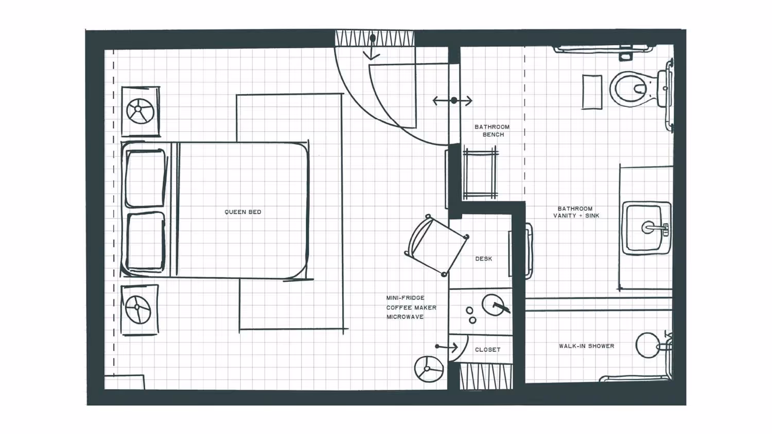 Floor plan of a room with queen bed, closet, desk, mini-fridge, coffee maker, microwave, and a bathroom with vanity, sink, walk-in shower, toilet, and bathroom bench.