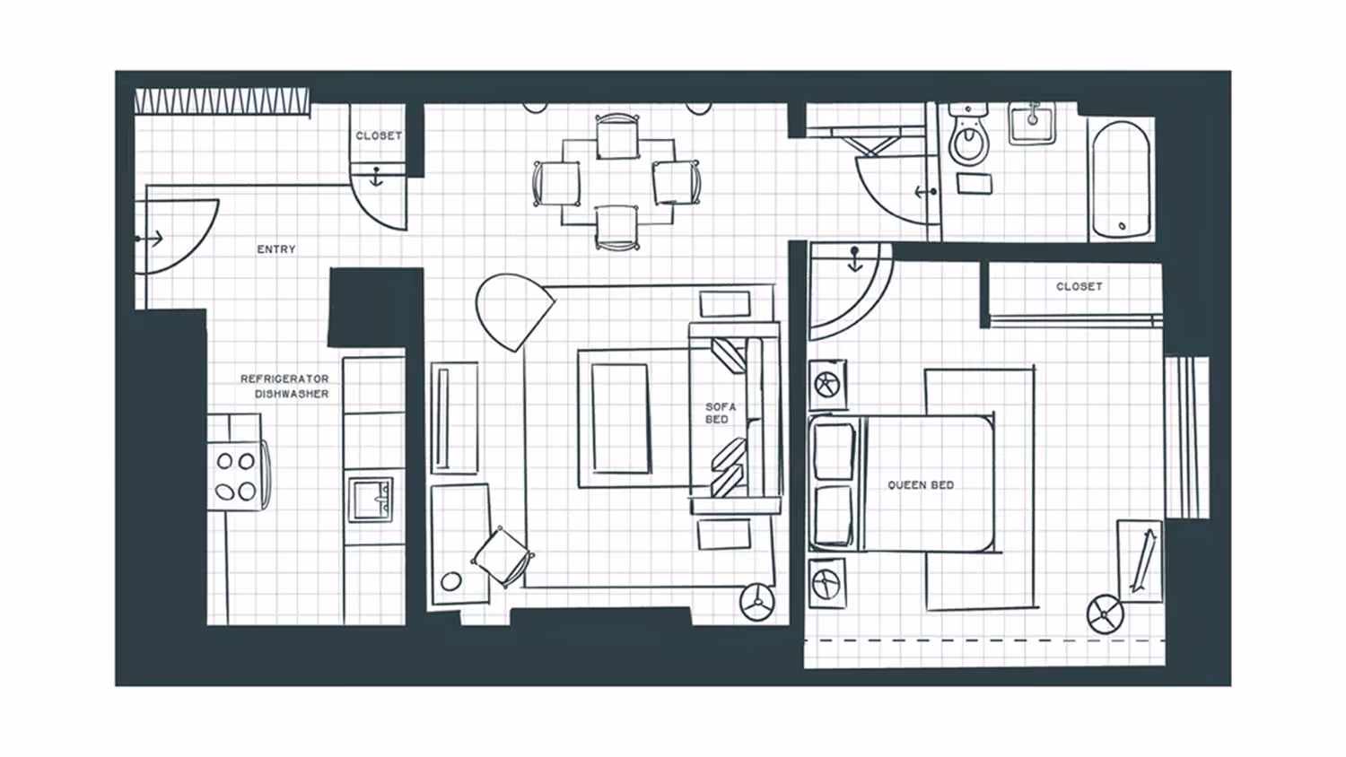 Floor plan of one-bedroom apartment with entry, kitchen including refrigerator and dishwasher, dining area with table and four chairs, living area with sofa bed and chair, bedroom with queen bed and closet, and bathroom with bathtub, toilet, and sink.