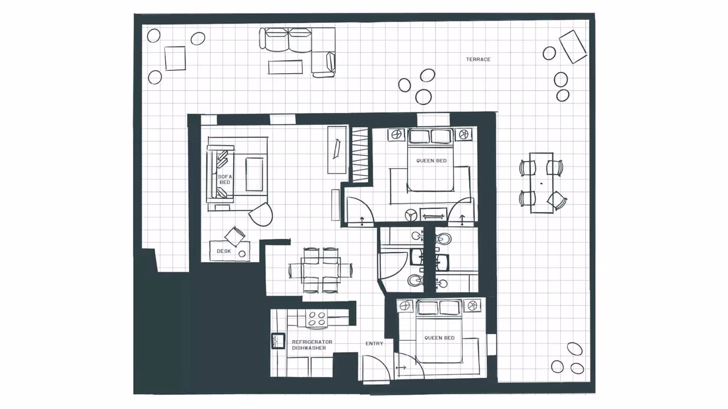 Floor plan of a one-bedroom apartment featuring an entry with closet, kitchen with refrigerator and dishwasher, living room with sofa bed and dining table, bedroom with king bed and closet, and a bathroom with bathtub.