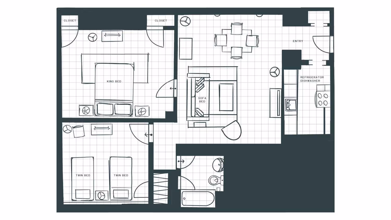 Floor plan showing a two-bedroom apartment with a king bed, two twin beds, living room with sofa bed, dining area, kitchen with refrigerator and dishwasher, and a bathroom with bathtub and toilet.