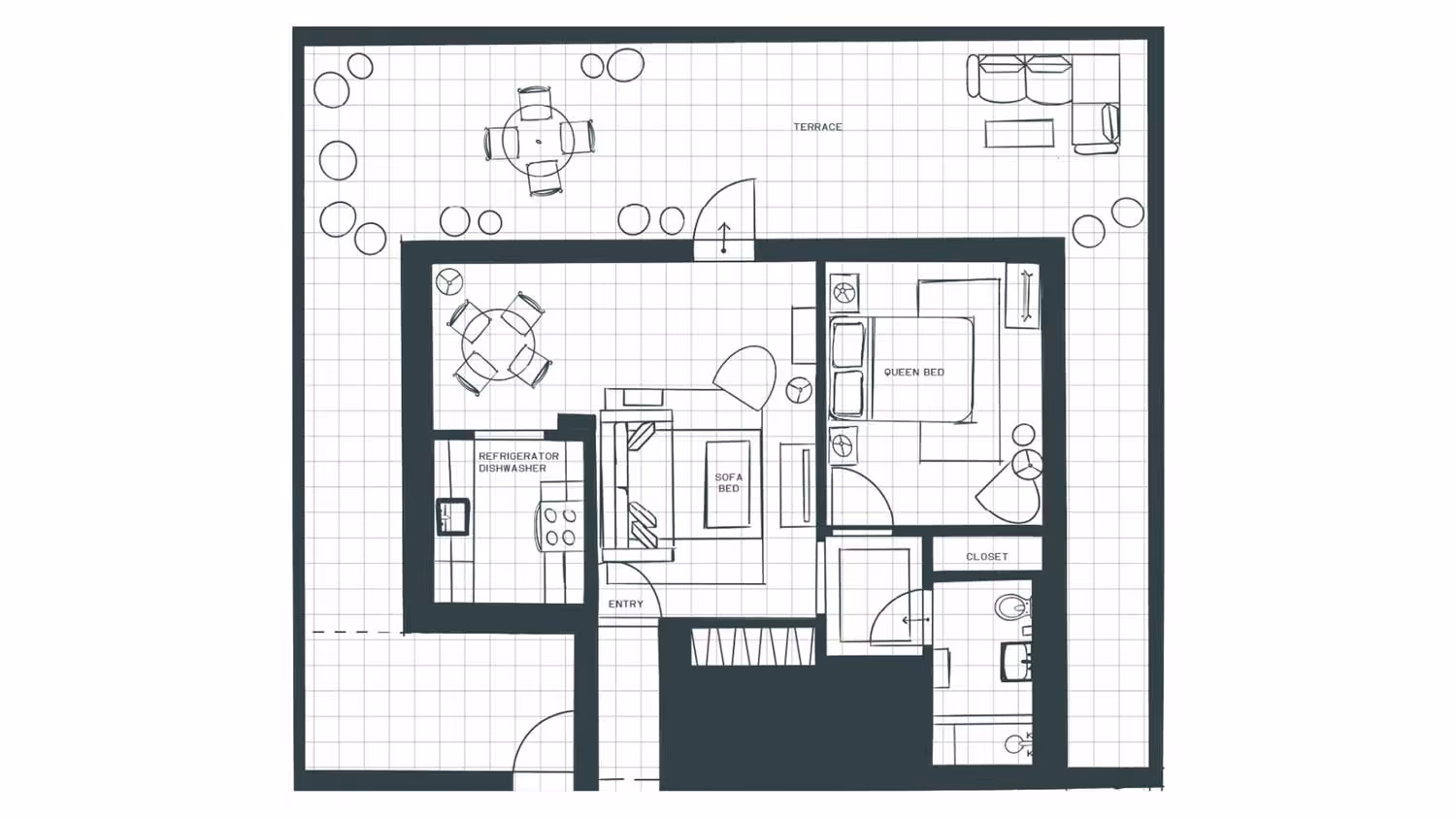 Floor plan of a one-bedroom apartment with a queen bed bedroom, bathroom, kitchen with refrigerator and dishwasher, living room with sofa bed, dining area, and outdoor terrace with seating.