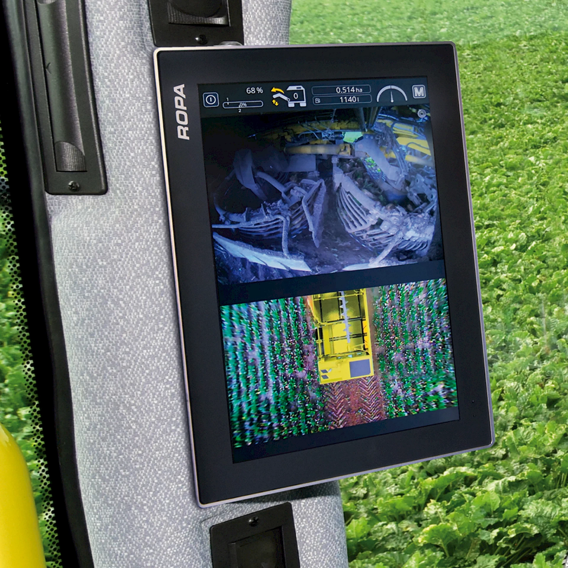 The R-View touchscreen terminal on the front-left corner pillar in the cabin of the ROPA Tiger 6S