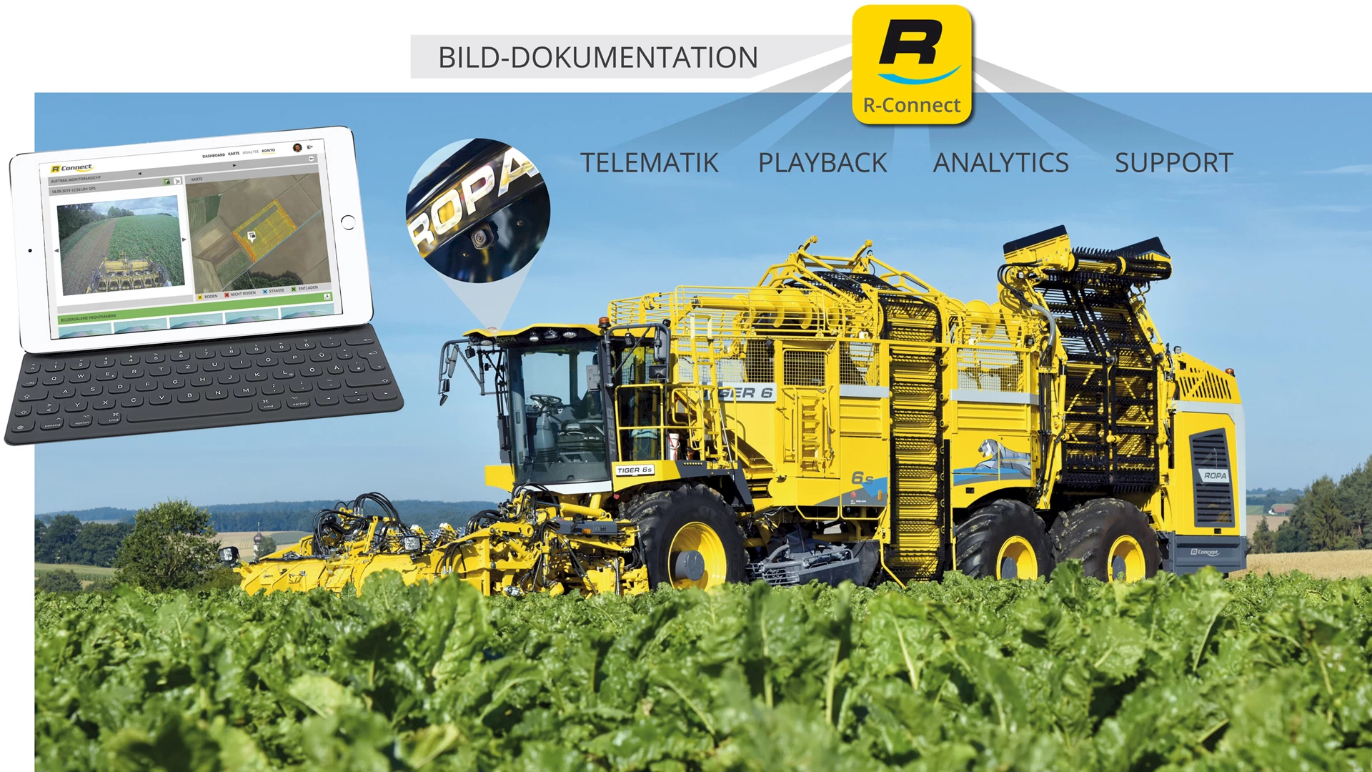 A ROPA Tiger 6S displayed in a field of sugar beets connected to R-Connect, ROPA's telematic system.