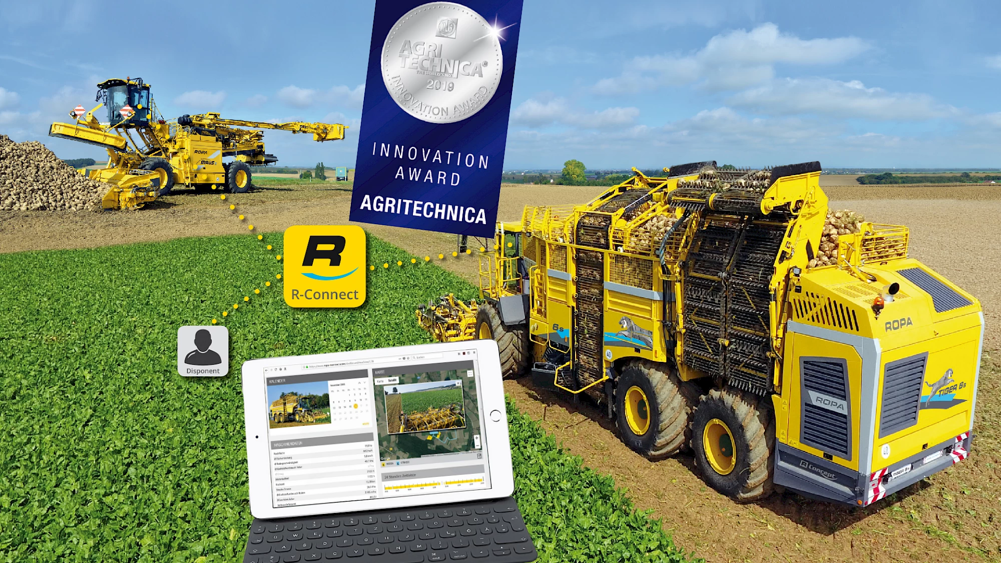 A ROPA Tiger 6S and Maus 6 harvesting sugar beets in a field connected by R-Connect, ROPA's telematic system.