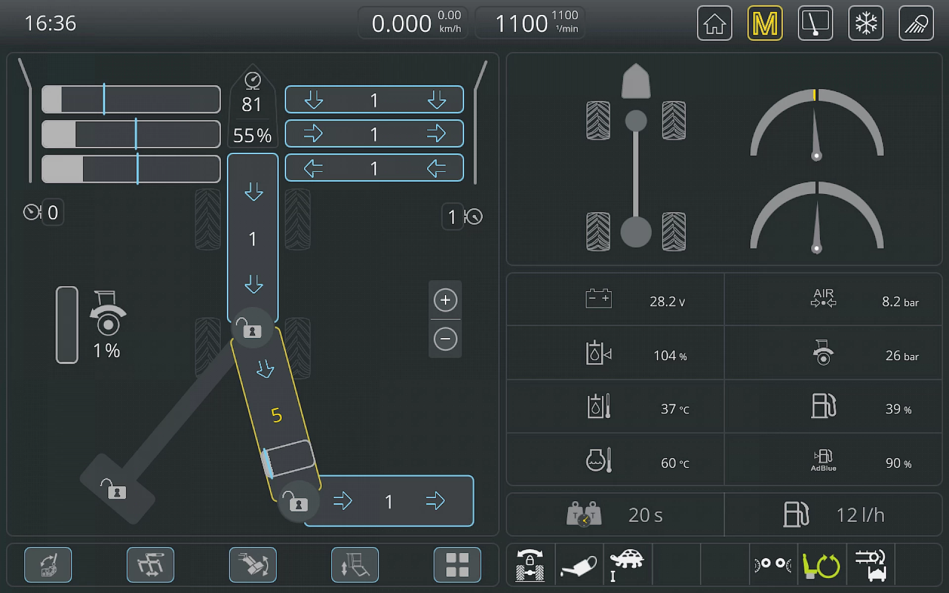 The main control screen of the ROPA Maus 6 when the machine is fully unfolded in field position