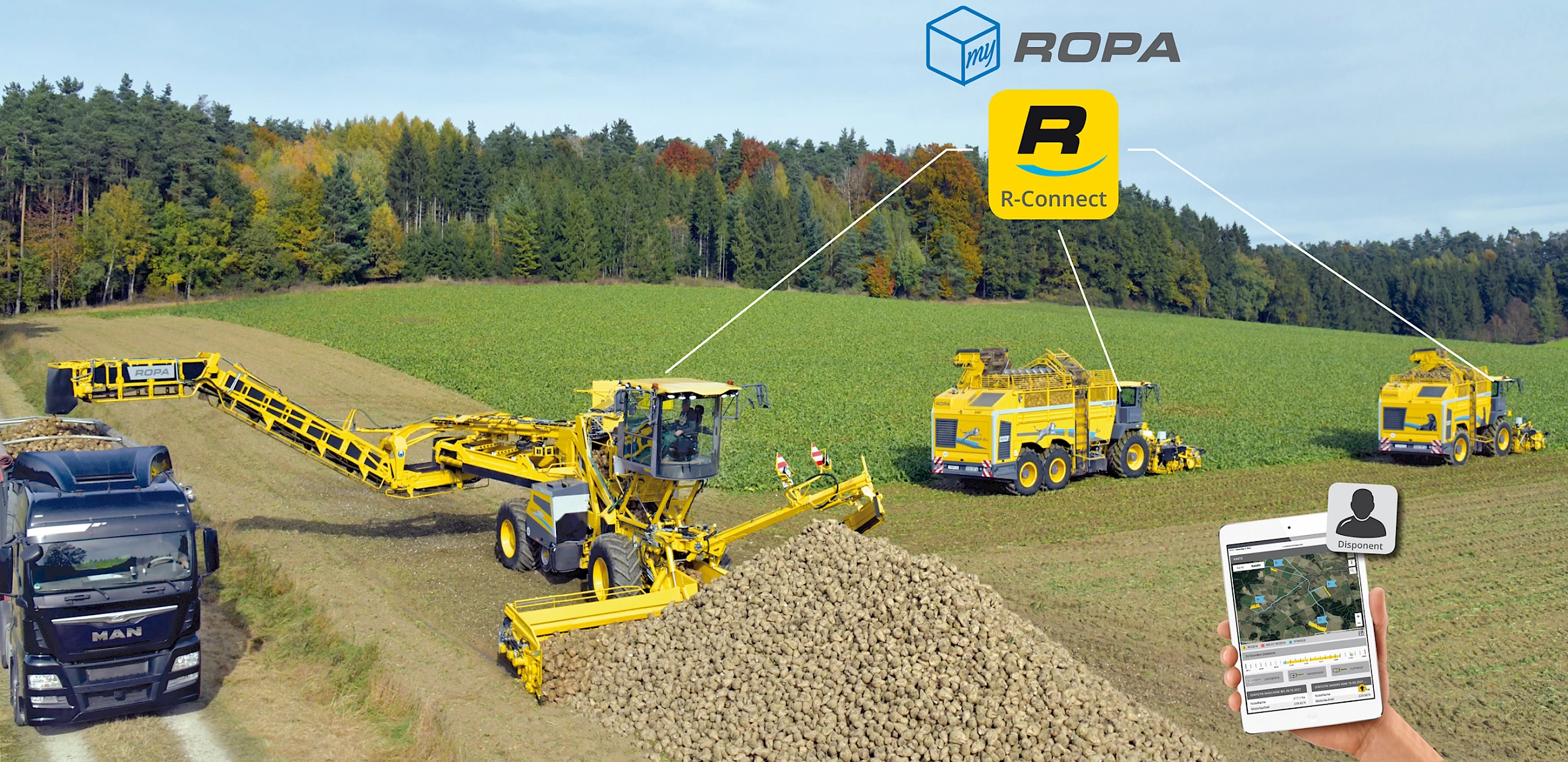 A ROPA Maus 6, Tiger 6S and Panther 2S working in a field connected to R-Connect Telematics