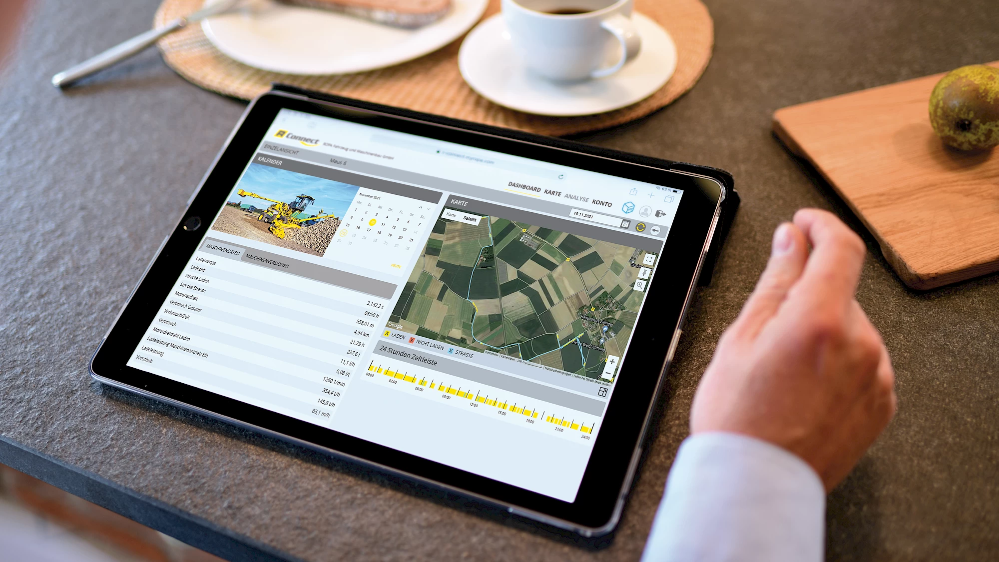 A tablet illustrating the ROPA R-Connect telematics main screen.