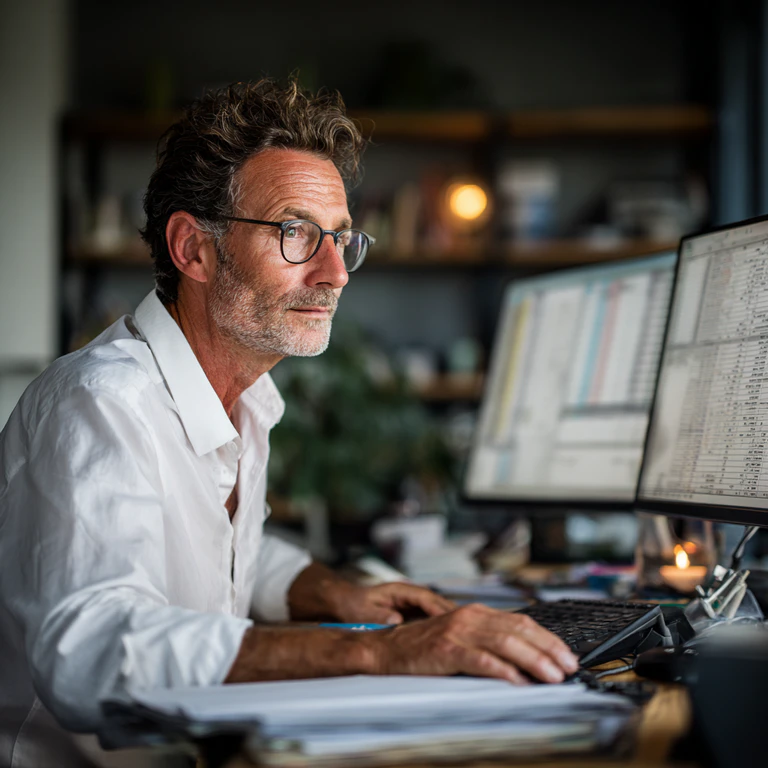 Man with glasses and gray hair working intently on a computer with dual monitors displaying spreadsheets.