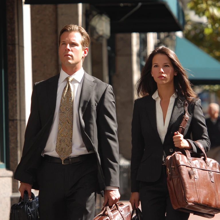 Man and woman in business attire walking outside carrying leather briefcases.