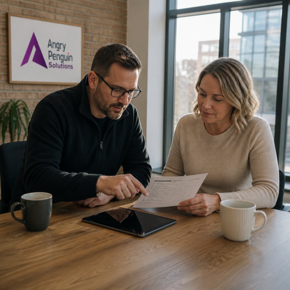 A small business owner and an IT consultant reviewing a printed security checklist together at a wooden table in a bright office, tablet and coffee cups nearby, soft morning light through large windows