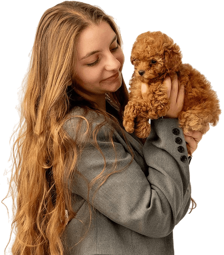 Young woman with long, wavy blonde hair holding and smiling at a small curly brown puppy.