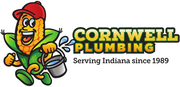 Corn character wearing a red cap holding a water bucket next to text 'Cornwell Plumbing Serving Indiana since 1989'.