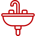 Red line drawing of a sink with a faucet and two handles.