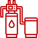 Red line icon of a water softener system with a droplet symbol on the main unit and a connected tank.