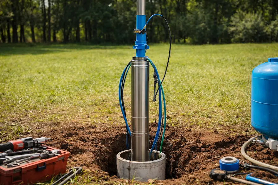 Submersible well pump installed in a cylindrical concrete casing outdoors with grassy background and nearby tools.