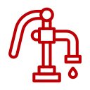 Red icon of a water faucet with a single drop falling from the spout.
