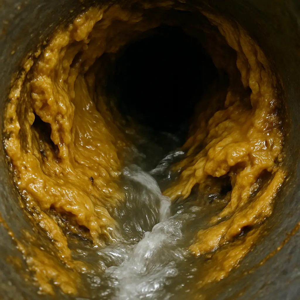 Partially clogged sewer pipe with brown sludge buildup and flowing water inside.