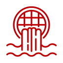 Red icon of a sewer grate with water flowing out beneath it.