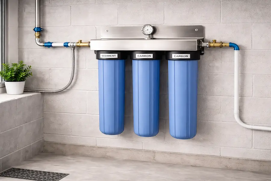 Wall-mounted water filtration system with three large blue filter cartridges labeled sediment and carbon.