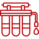 Icon of a water filtration system with three filter tubes and a water drop at the outlet.