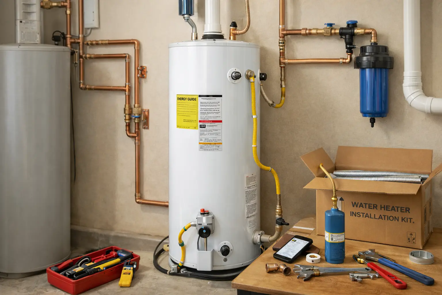 White water heater installed with copper piping and yellow gas lines, nearby tools and a water heater installation kit box on a wooden surface.