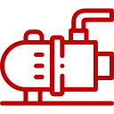 Red line icon of an industrial water pump with pipe connections.