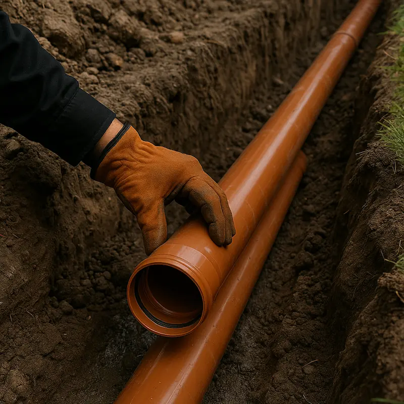 Gloved hand holding an orange sewer pipe in a dirt trench.