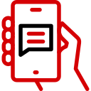 Red icon of a hand holding a smartphone with a chat bubble containing two lines.