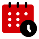 Red calendar icon with a white clock overlay in the lower right corner.