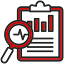 Icon of a clipboard with a magnifying glass displaying a heartbeat line and bar chart for statistical analysis.