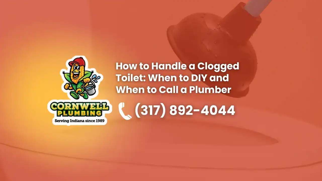 Clogged toilet plumber Indiana, drain cleaning, plumbing repair, bathroom plumbing services, emergency plumbing Indiana, Cornwell Plumbing.|Clogged toilet being cleared with a toilet plunger, bathroom plumbing repair, Cornwell Plumbing services.