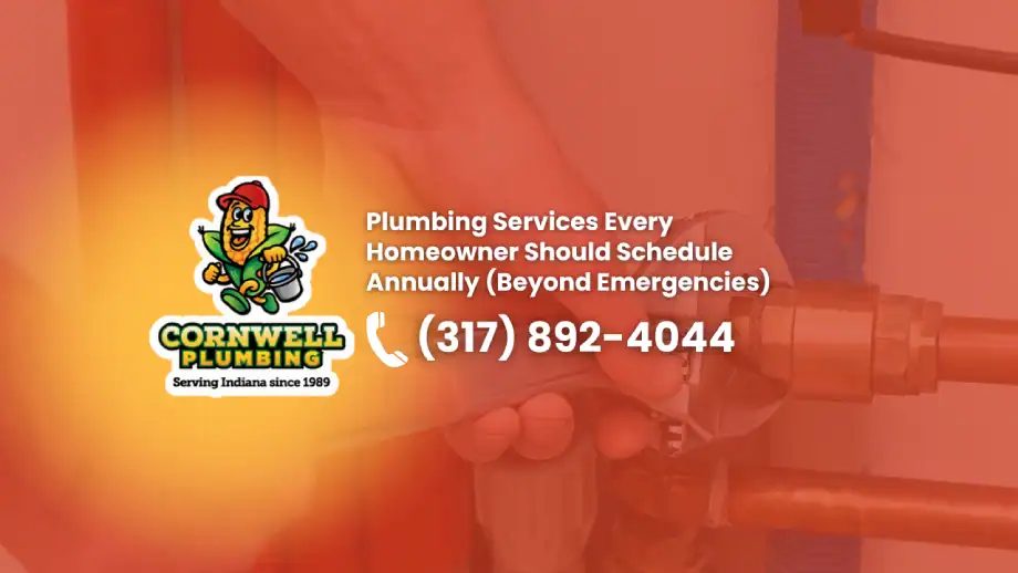 Plumbing service advertisement for Cornwell Plumbing with contact number and service recommendation.