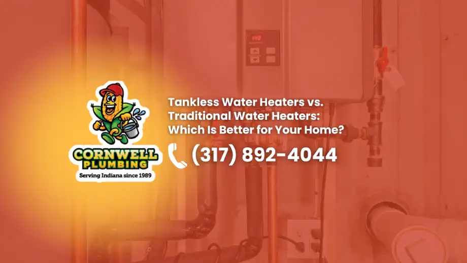 Tankless water heaters vs traditional water heaters for home efficiency and savings, featuring Cornwell Plumbing's expert installation and repair services in Indiana.|Industrial water heater installation in a residential utility room with plumbing systems.|Drain cleaning services to prevent costly sewer line repairs by professional plumbers in Indiana. Call Cornwell Plumbing at 317-892-4044 for expert plumbing solutions.