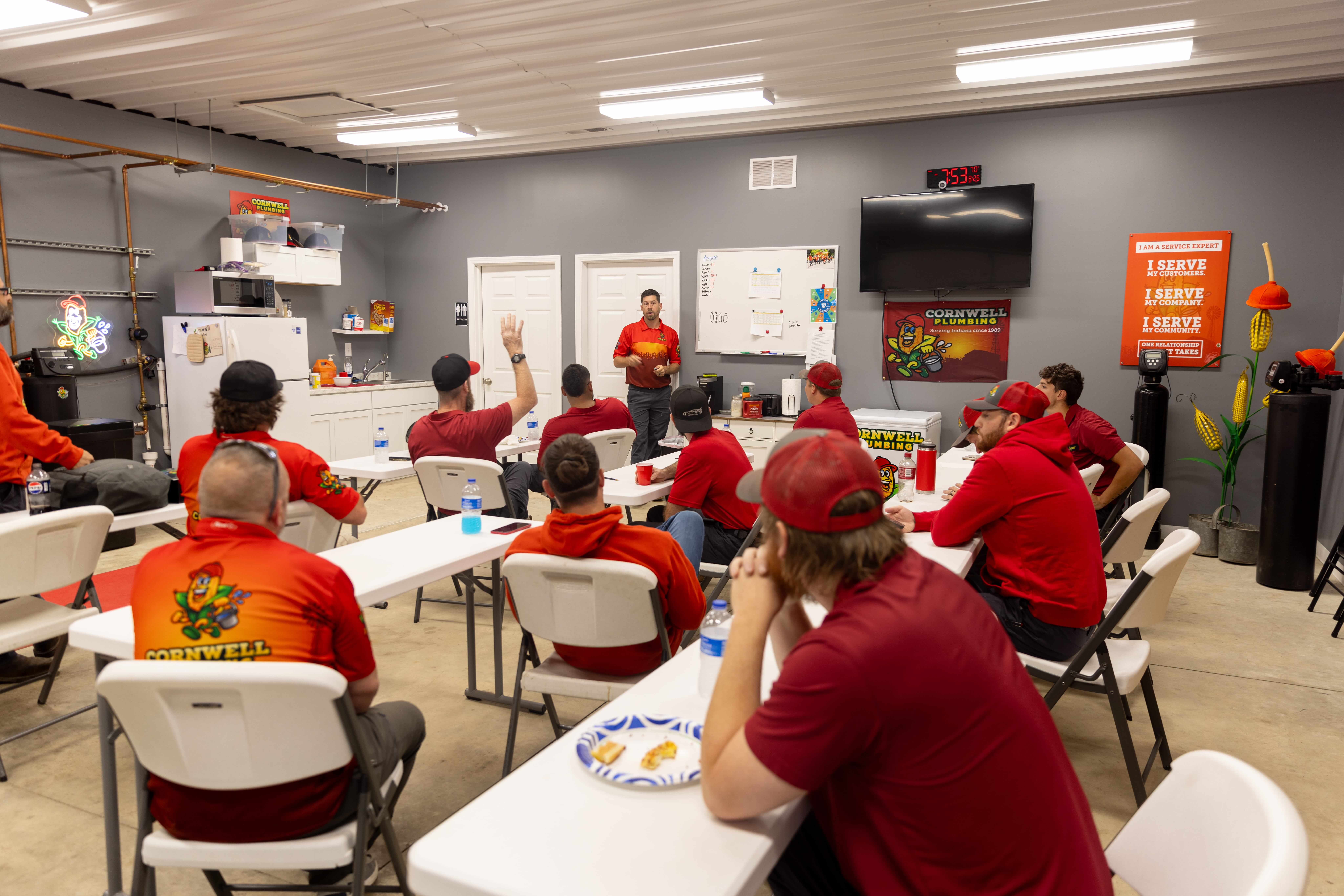 Plumbing service advertisement for Cornwell Plumbing with contact number and service recommendation.