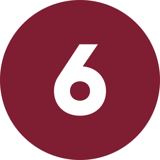White number 6 centered on a dark red circular background.