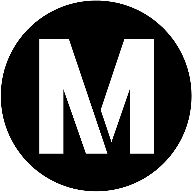 White capital letter M on a black square background.